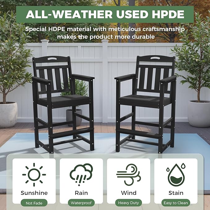 HDPE Outdoor Patio Tall Adirondack Bar Chairs Set of 2, All-Weather Bar Height Balcony Adirondack Stools for Bistro, Garden, Backyard, Pool, Deck | Matte Black