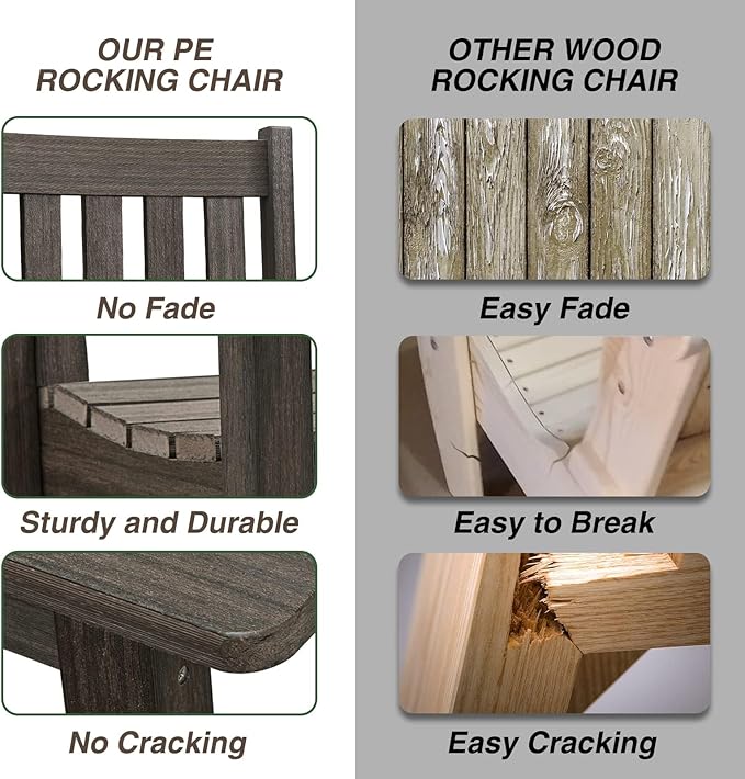 Outdoor Rocking Chair Set of 4, HDPE Oversized Patio Rocking Chairs, Weather Resistant, 350lbs Heavy Duty Porch Rocker with High Back for Backyard, Fire Pit, Garden and Indoor (Dark Brown)