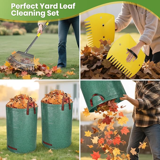 2 Pack Large 18" Wide Metal Leaf Rake, 25 Tines,73” Long Handle,Heavy Duty Graden Rakes Set for Lawn Yard Pine Needles Mulch Thatch Debris Cleanup Set with 2 Pack 72Gallon Leaf Bags and Scoops