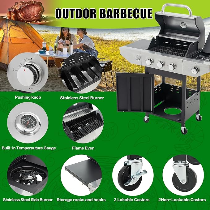 3 Burner Propane Gas Grill with Side Burner, 37,000 BTU Stainless Steel BBQ Grill with Foldable Shelves, Thermometer, Wheels, Ideal for Patio, Backyard, Outdoor Cooking, Barbeque