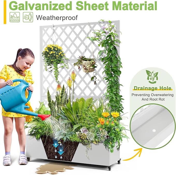 FENCY Metal Planter Box with Diamond Lattice Trellis Planter Box for Climbing Plants/Vines, Galvanized Raised Garden Bed On Wheels, Garden Bed with Trellis(73"x47" White)