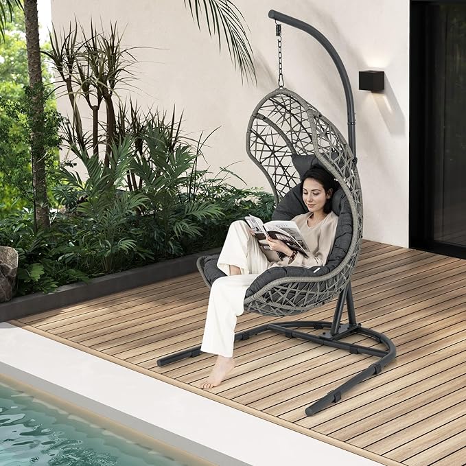 Giantex Egg Chair Outdoor Indoor - Hammock Chair with Stand, Pillow, Cushion, Hanging Accessories, PE Rattan Hanging Basket Chair for Living Room, Bedroom, 350 LBS Capacity Patio Swing Chair, Grey