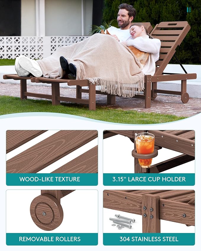 SERWALL Patio Chaise Lounge, HDPE Outdoor Lounge Chair with Cup Holder, 5 Positions Adjustable Poly Lounge Chair with Rolling Wheels for Poolside, Deck, Sunbathing, Brown