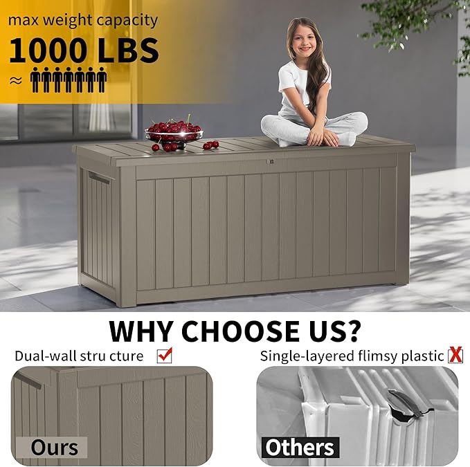Mersco 270 Gallon Double-Wall Resin Deck Box - Lockable Waterproof Outdoor Storage Box, 1000lbs Capacity & Doubles as Seating for Patio Furniture - Garden Tools, Pool Accessories (Grey)