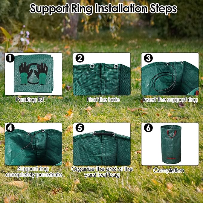 3-Pack 72 Gallon Yard Waste Bags, Reusable Heavy Duty Collapsible Garden Leaf Bags with Plastic Ring,with Gardening Gloves,Stand-Up Yard Waste Bin for Leaves, Lawn Debris & Grass Clippings