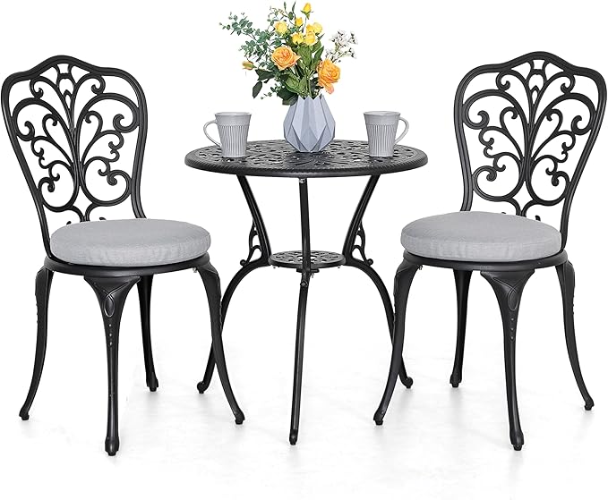 NUU GARDEN 3 Piece Outdoor Bistro Table Set, All Weather Cast Aluminum Patio Bistro Sets Patio Table and Chairs Set of 2 with Umbrella Hole for Yard, Garden, Balcony, Black