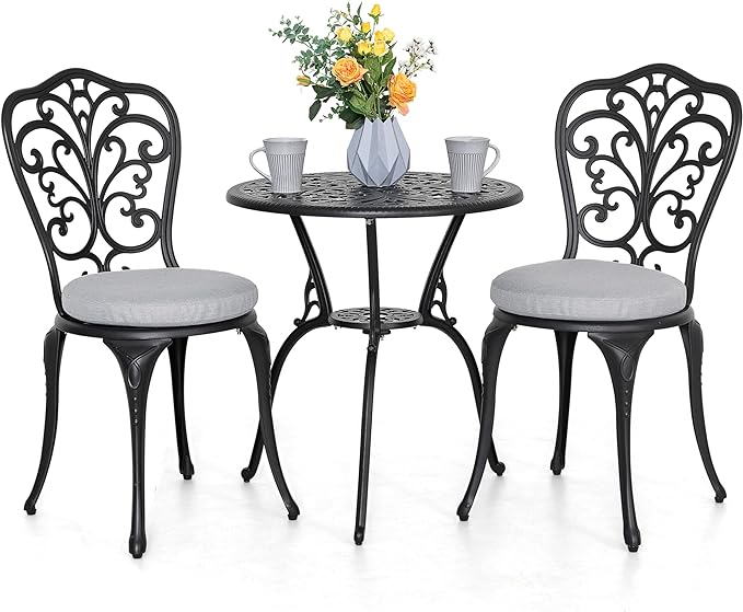 NUU GARDEN Bistro Set 3 Piece Outdoor All Weather Cast Aluminum Patio Bistro Set Patio Table and Chairs Set of 2 with Umbrella Hole and Gray Cushions for Backyard, Balcony, Lawn, Black
