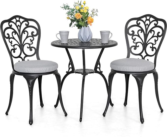 NUU GARDEN Bistro Set 3 Piece Outdoor All Weather Cast Aluminum Patio Bistro Set Patio Table and Chairs Set of 2 with Umbrella Hole and Gray Cushions for Backyard, Balcony, Lawn, Black