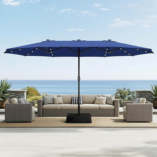 Sophia & William 15 ft Extra Large Patio Umbrella with Solar Lights, Rectangular Outdoor Umbrella with Base Included, Market Umbrella Double-sided Heavy Duty for Pool Garden Backyard, Navy Blue
