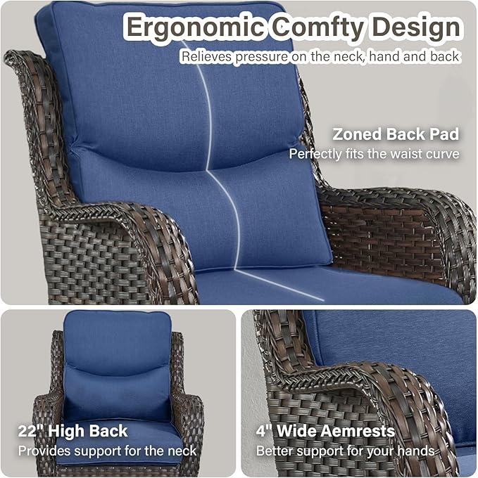 Outdoor Swivel Rocker Patio Chairs Set of 4-5" Thick Cushion 4 Piece Furniture Set All Weather Comfortable Wicker Conversation Set for Porch Poolside and Deck - Brown/Blue