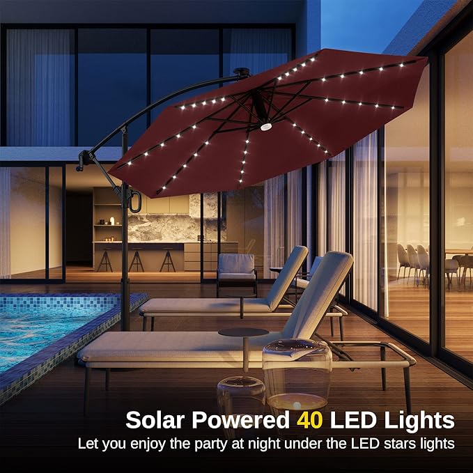 EAST OAK Patio Umbrella, 10 ft Outdoor Offset Umbrella with 8 Ribs, 40 LED Solar Lights and Crank, Aluminum Pole and UPF 50+ Fade Resistant for Garden, Deck and Poolside, New Red