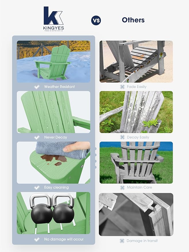 KINGYES Folding Adirondack Chair Set of 4, HDPE All-Weather Folding Adirondack Chair, Light Green