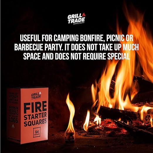 Grill Trade Fire Starter Squares - 64-Piece Fire Starters for Campfires and BBQ - Indoor Outdoor Chimney Starter for Fireplace, Wood Stove, Fire Pit - Easy, Firestarter Squares for All-Weather Use
