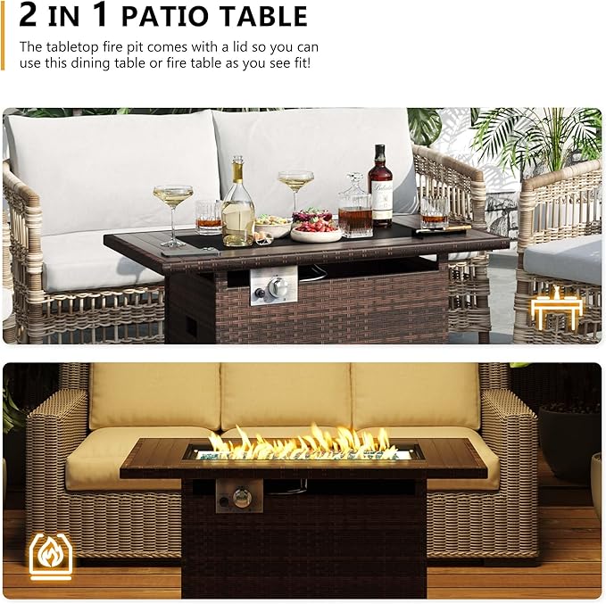 Aoxun 44" Propane Fire Pit 50,000 BTU Outdoor Wicker Fire Table with Wood-grainTabletop Patio Rectangular 2-in-1 Gas Fire Pit Table with Firepit Lid and Waterproof Cover