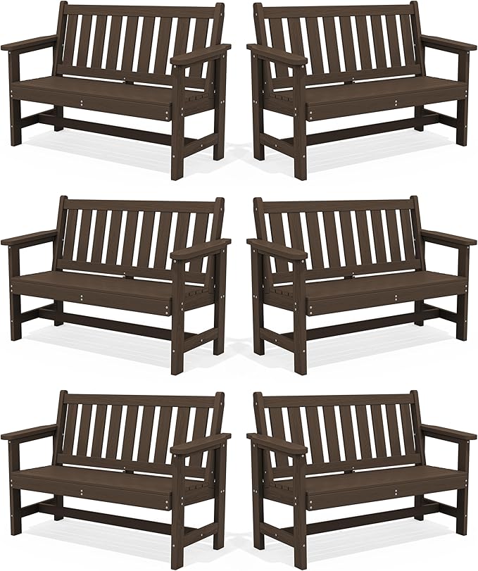 SERWALL Outdoor Bench, HDPE Outdoor Benches Weatherproof, 2-Person Garden Bench with 660 lbs Weight Capacity, Patio Benches for Outdoors, Garden, Porch, Backyard and Park, Coffee, 6 Pack
