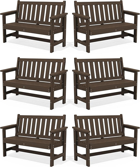 SERWALL Outdoor Bench, HDPE Outdoor Benches Weatherproof, 2-Person Garden Bench with 660 lbs Weight Capacity, Patio Benches for Outdoors, Garden, Porch, Backyard and Park, Coffee, 6 Pack