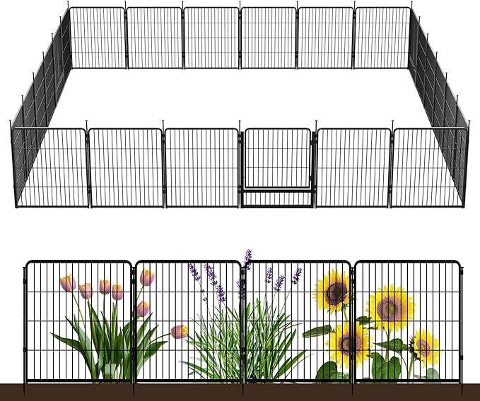 SunsGrove Garden Fence with Gate, 32 in(H) x 53.5 ft(L) 24 Panels Heavy Duty Metal Animal Barrier Fence for Yard, Suitable for Indoor or Outdoor Dog Pet Fence, Garden Fence Border, Black