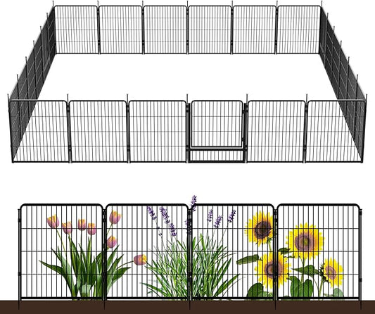 SunsGrove Garden Fence with Gate, 32 in(H) x 53.5 ft(L) 24 Panels Heavy Duty Metal Animal Barrier Fence for Yard, Suitable for Indoor or Outdoor Dog Pet Fence, Garden Fence Border, Black