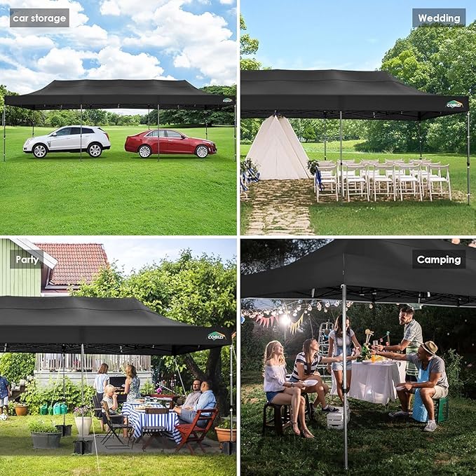 COBIZI 10x30 Heavy Duty Pop up Canopy Party Tent for Parties Weddings Events UPF 50+ Waterproof Commercial Gazebo with Roller Bag, Black