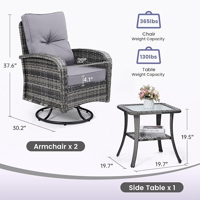 Luxury Outdoor Swivel Wicker Glider Patio Chairs with Table Set, Overstuffed Washable Cushions, Ideal for Porch, Balcony, Deck, Grey Rattan and Grey Cushion