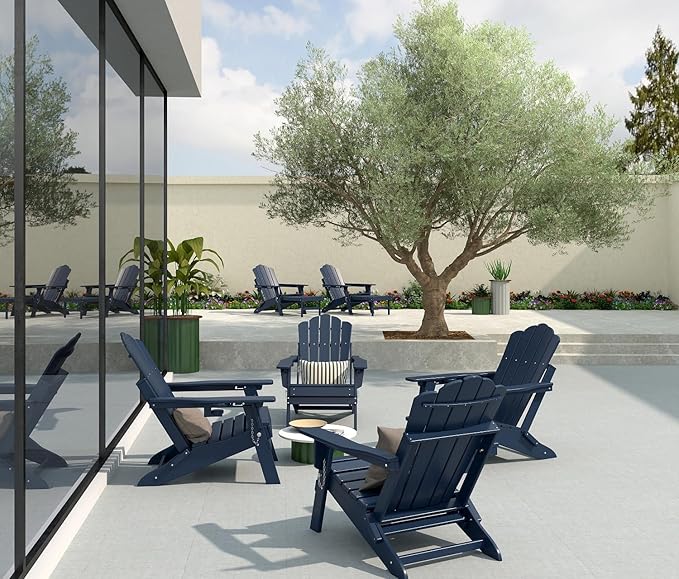 FOOWIN Adjustable Adirondack Chair with Retractable Ottoman Set of 2, Folding Adirondack Chair with Cup Holder, HDPE All-Weather Fire Pit Chair for Patio, Yard, Poolside, Navy Blue