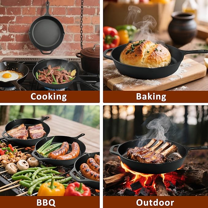 10 Inch Cast Iron Skillet, Pre-Seasoned Frying Pan for Oven, Stovetop, Grill & Campfire, Durable, Non-Toxic, Even-Heating Cookware, Black