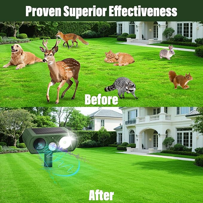 Solar Ultrasonic Animal Repellent, Deer Repellent Devices Waterproof, Cat Repellent Outdoor with Motion Detection Squirrel Skunk Rabbit Dog Raccoon Deterrents Animal Repeller for Yard, 1 Pack