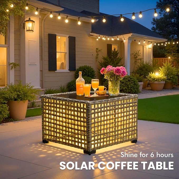 Outdoor Sectional Patio Furniture Set with Glowing Table,7 Pieces Wicker Conversation Sets L Shaped Couch Out Door Sofa Set Outside Furniture for Garden Deck Yard Porch,Beige