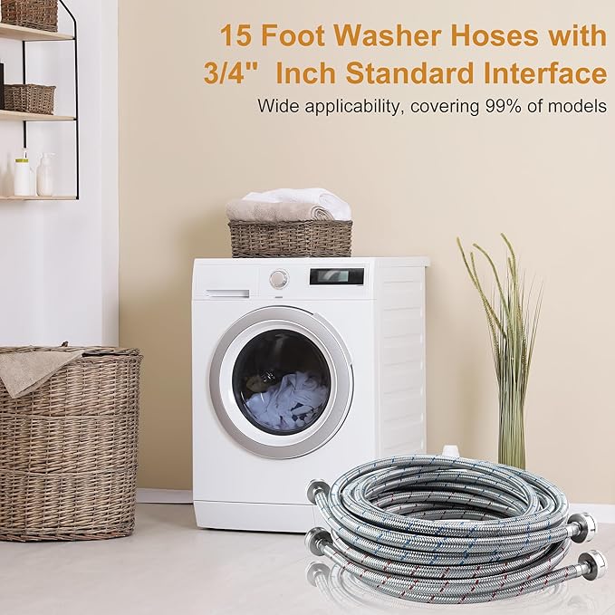15 FT Washing Machine Hose,Long Washer Water Supply Hoses Hot And Cold Connection(2Packs),Washer Machine Hose Universal Fit for All Standard Wash Machines-by MIFLUS