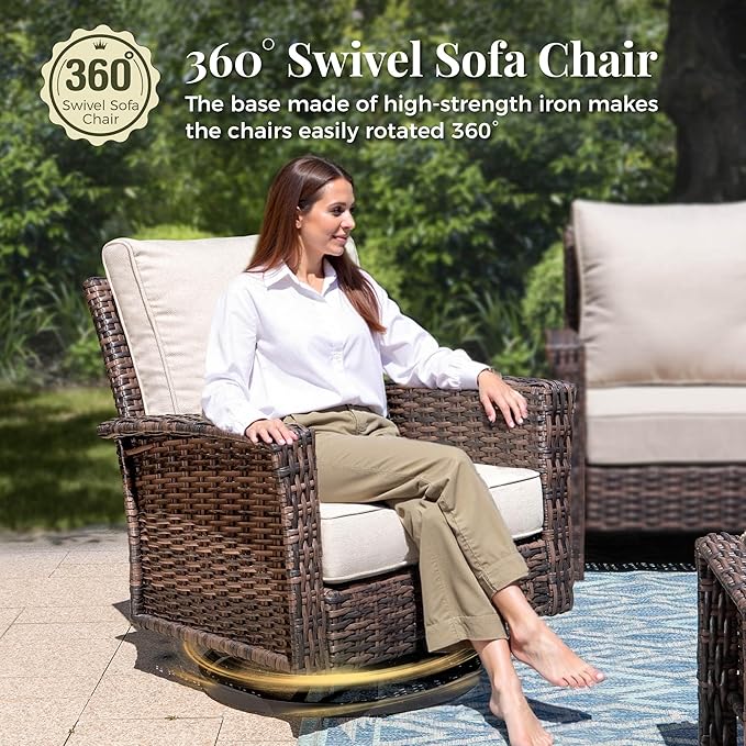 6-Piece Wicker Patio Furniture Set with Swivel Chairs, High Back Outdoor Furniture with 5.5-inch Thick Cushion and Ottoman, All-Weather Wicker Patio Conversation Set for Deck Yard Pool, Beige