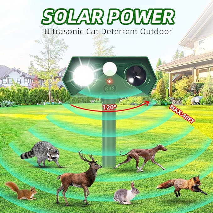 4Pack Solar Ultrasonic Animal Repellent,Waterproof Deer Repellent Devices with Motion Detection,2025 Cat Repellent Outdoor Squirrel Skunk Rabbit Dog Raccoon Bird Deterrents Animal Repeller for Yard