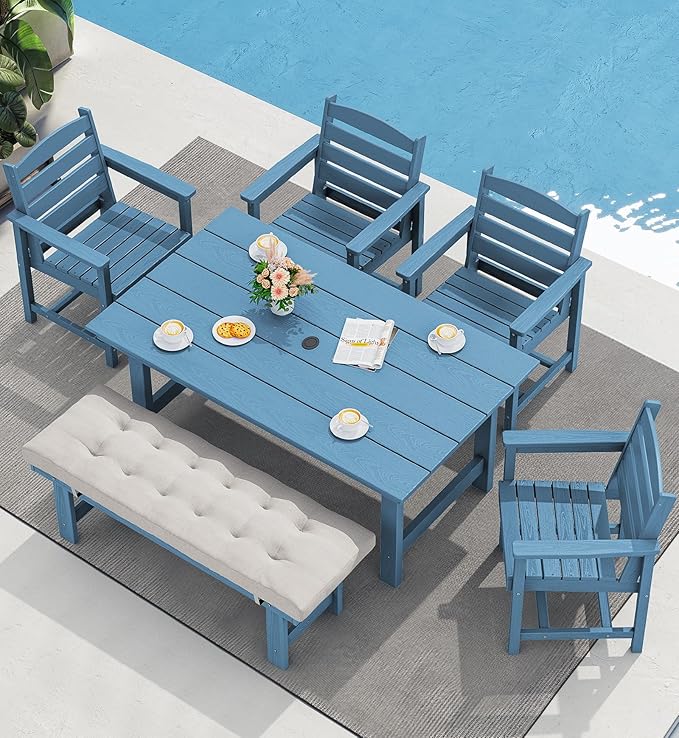 SERWALL Outdoor Dining Set for 6, HDPE Outdoor Furniture with Umbrella Hole & 1 Cushioned Bench & 4 Outdoor Dining Chairs, Blue