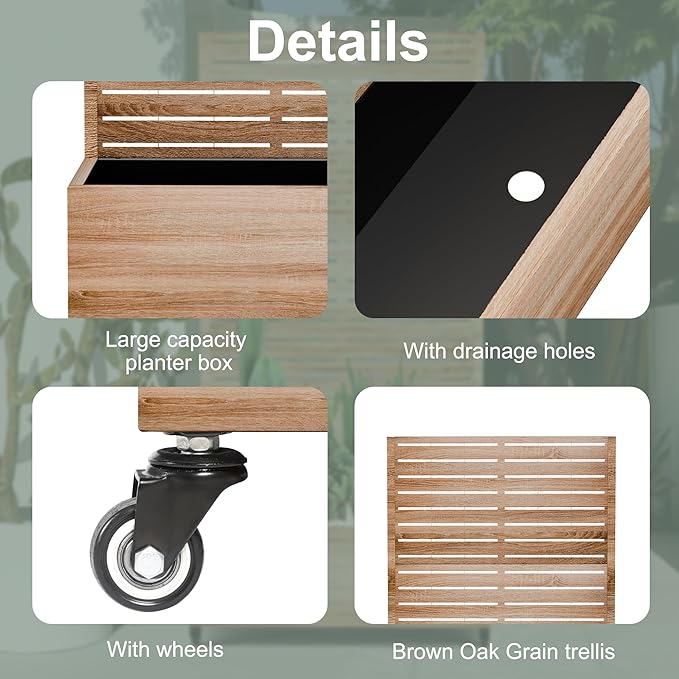 Metal Planter Box with Trellis Privacy Screen, Outdoor Raised Garden Beds with Wheels & Drainage Holes (35" L, Brown Oak Grain)