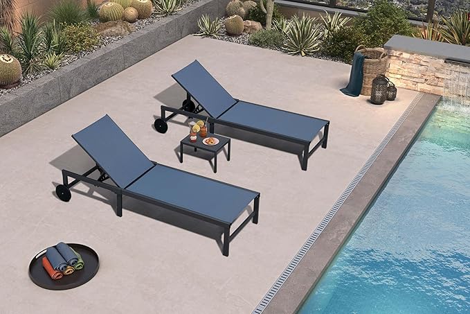PURPLE LEAF Outdoor Chaise Lounge Chairs Set Recliner Aluminum Adjustable Chair with Wheels and Side Table for Poolside Beach Patio Sunbathing Lounger, Indigo