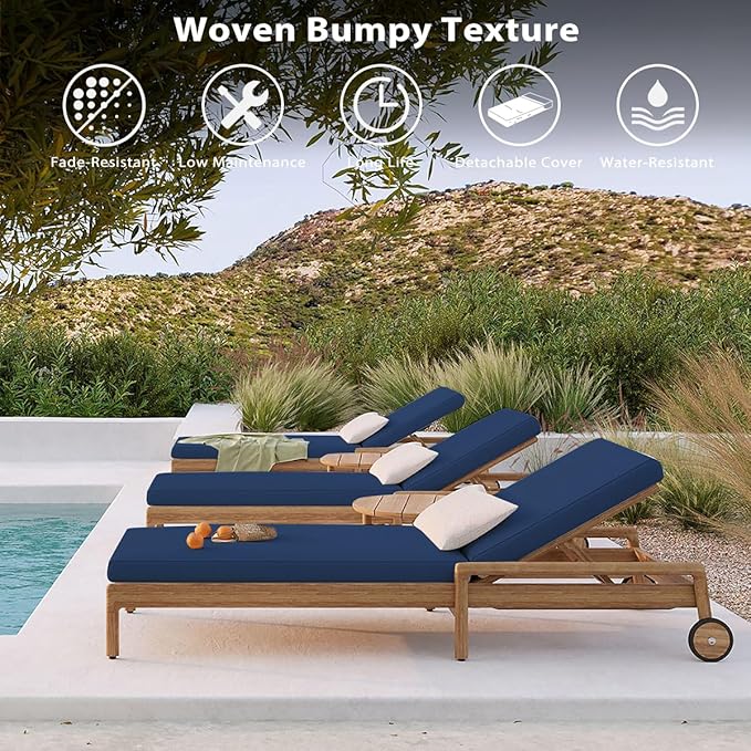 Sundale Outdoor Olefin Chaise Lounge Cushion Set of 2, Water-Resistant Patio Lounge Chair Cushion, Thick Lounger Pad with 4 Straps Dark Blue, 72 x 21 x 4 Inches
