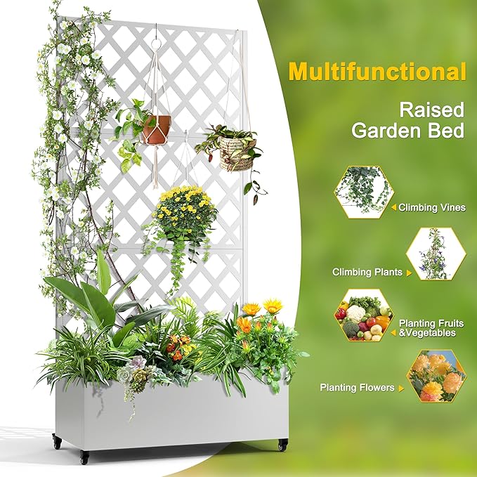 FENCY Metal Planter Box with Diamond Lattice Trellis Planter Box for Climbing Plants/Vines, Galvanized Raised Garden Bed On Wheels, Garden Bed with Trellis(73"x35" White)