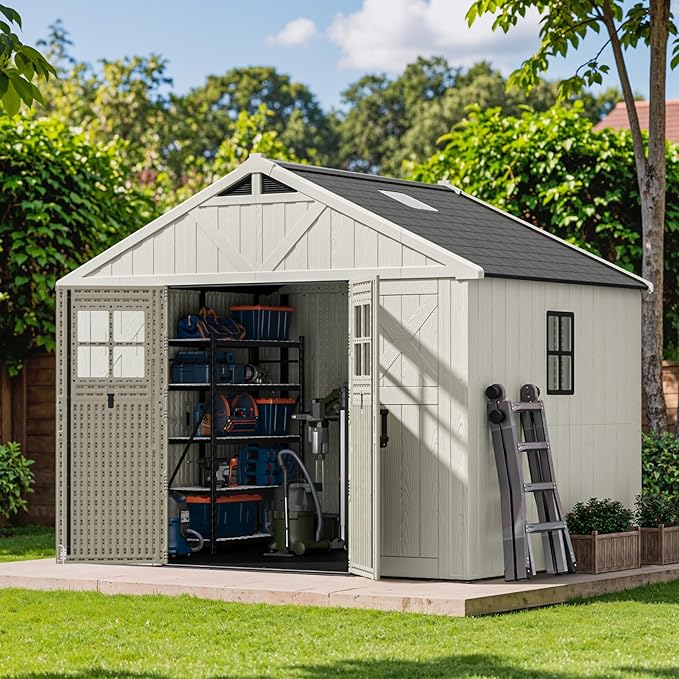 Patiowell 10 x 8 FT Outdoor Storage Shed, Plastic Shed with Floor and Skylight, Resin Storage Shed with Four-Window and Lockable Door for Garden, Patio, Backyard, Beige