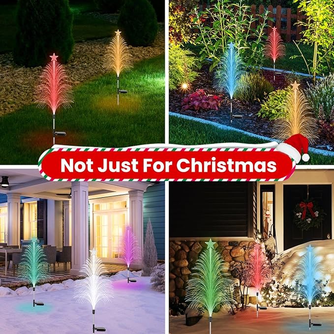 Solar Christmas Tree Lights, 4Pack 7 Color IP44 Waterproof Changing Solar Optical Fiber Stake Lights Christmas Decorations with Topper Star for Garden Yard Pathway Lawn Outdoor