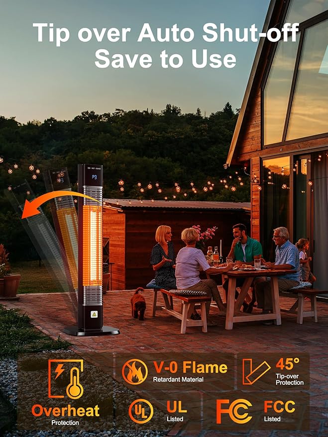 YEW Outdoor Electric Patio Heater, 1500w Infrared Heaters with Remote, 24H Timer, 3 Heat Levels, Waterproof, Quiet, Tip-Over Protection, Portable Space Heaters for Indoor Garage,Balcony,Backyard,Porch