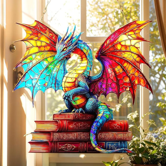 Book Dragon Christmas Ornament Colorful Bookish Acrylic Suncatcher Stained Glass Effect Window Hanging for Book Lover Reading Nook Decor Gift for Librarian Readers