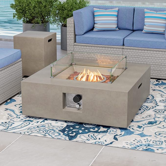 COSIEST 35-inch Square Outdoor Sandstone Propane Fire Pit w Wind Guard and Side Table, Certified, 50,000 BTU Stainless Steel Burner, Free Lava Rocks and Rain Cover, Metal Lid(Gray)