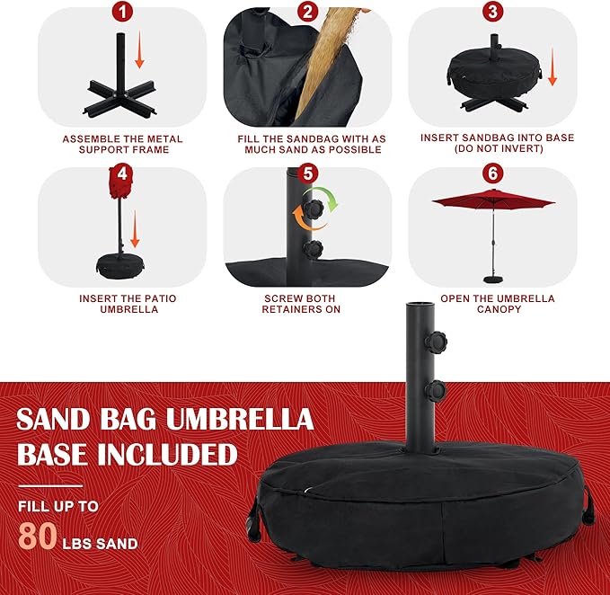 Sundale Outdoor Olefin 5-Year-Non-Fading Solar 104 LED 11FT Solar Patio Umbrella with Sand Bag Base, Outdoor Umbrella with Tilt and Crank, Red