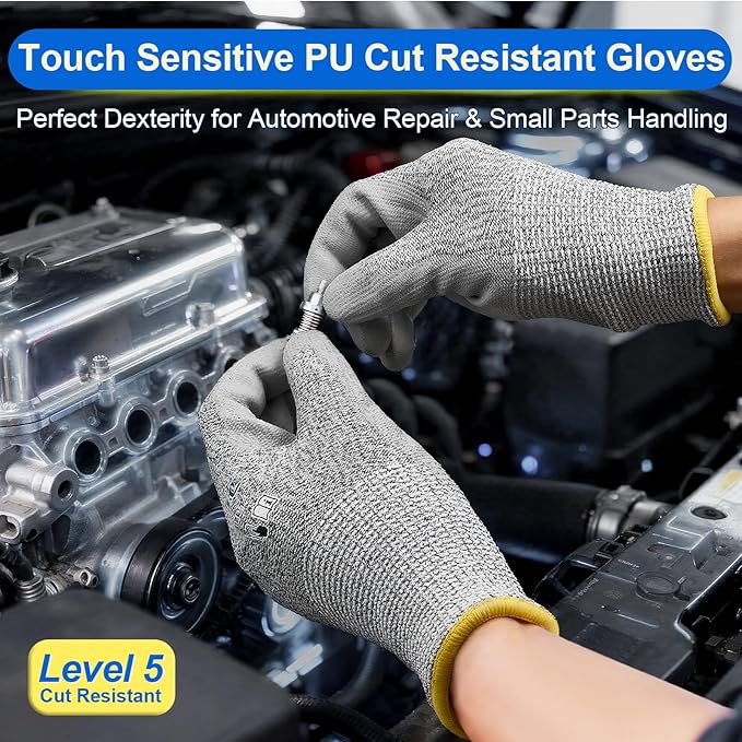 Dowellife 12 Pairs Level 5 Cut Resistant Work Gloves for Men and Women, PU Coated Breathable Gardening Gloves, Thin Flexible and Firm Grip for Mechanics and Fishing (Large, Grey)