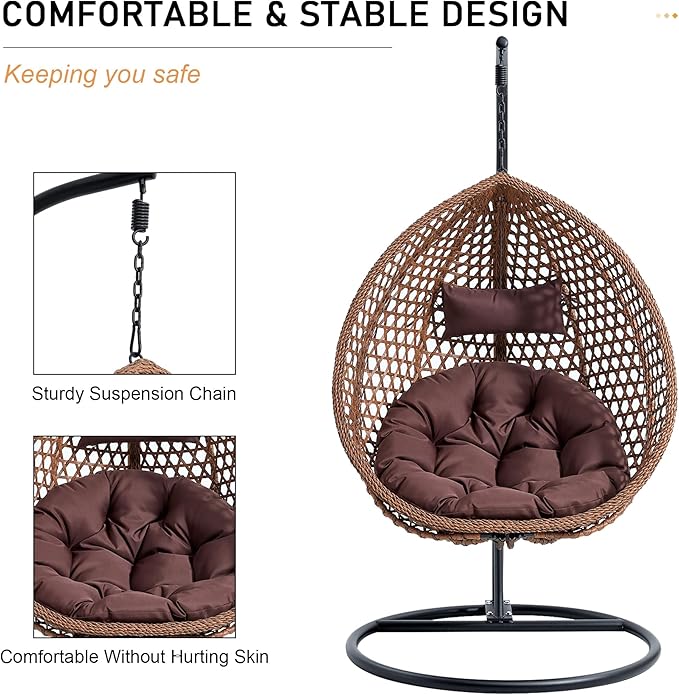 Hanging Egg Chair with Stand, Egg Swing Chair with Stand Indoor Outdoor, Brown Wicker Swing Egg Chair for Adults, Hammock Chair with Comfortable Cushion and Stable Round Metal Base for Bedroom Patio