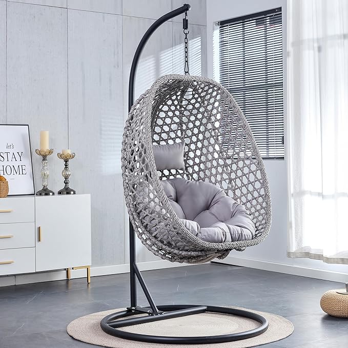 Egg Swing Chair Outdoor with Stand, Swinging Chair Outdoor,Hanging Egg Chairs with Cushion and Pillow, Foldable Basket and Metal Stand for Porch, Patio, Bedroom, Balcony (Grey)
