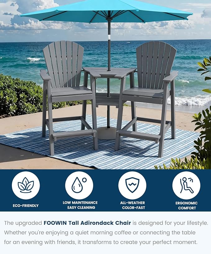 FOOWIN Tall Adirondack Chair Set of 4, All Weather HDPE Bar Height Adirondack Chair with Double Connecting Trays, Adirondack Barstools for Balcony, Deck, Backyard, Patio, Garden Grey