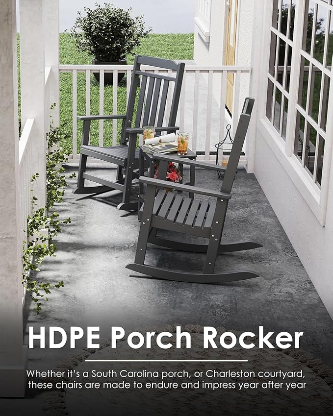 GREENVINES Outdoor-Rocking-Chair | HDPE Plastic | Patio Rockers | Porch Rocker Chairs | Oversized | High Back | Big & Tall | Grey