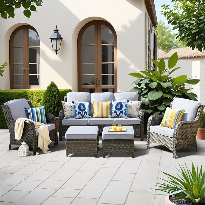 ovios 5-Pieces Patio Furniture Set, Outdoor Wicker Sofa Couch with Chairs Ottomans Comfy Cushions, All Weather High Back Modern Conversation Set, Grey Rattan, Grey