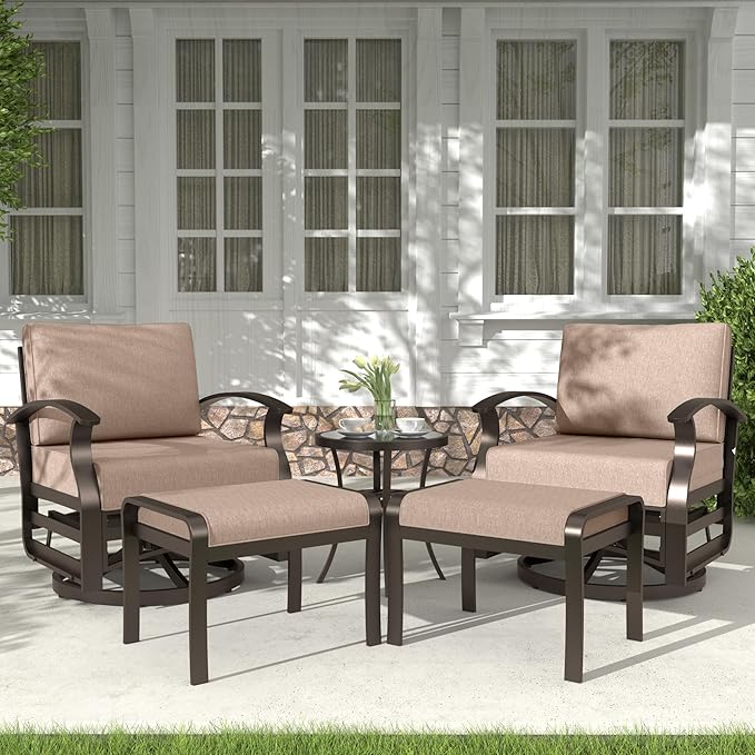 Kurapika 5 Pieces Patio Furniture Set, Outdoor Aluminum Swivel Gliders Rocker, Patio Bistro Set Rocking Chair with Tempered Glass Side Table and Thickened Cushions(Sand)