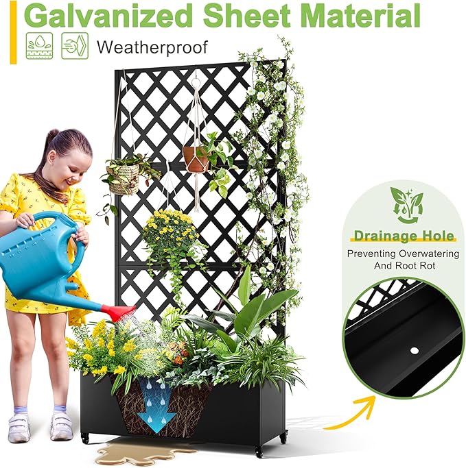 FENCY Metal Planter Box with Diamond Lattice Trellis Planter Box for Climbing Plants/Vines, Galvanized Raised Garden Bed On Wheels, Garden Bed with Trellis(73"x35" Black)